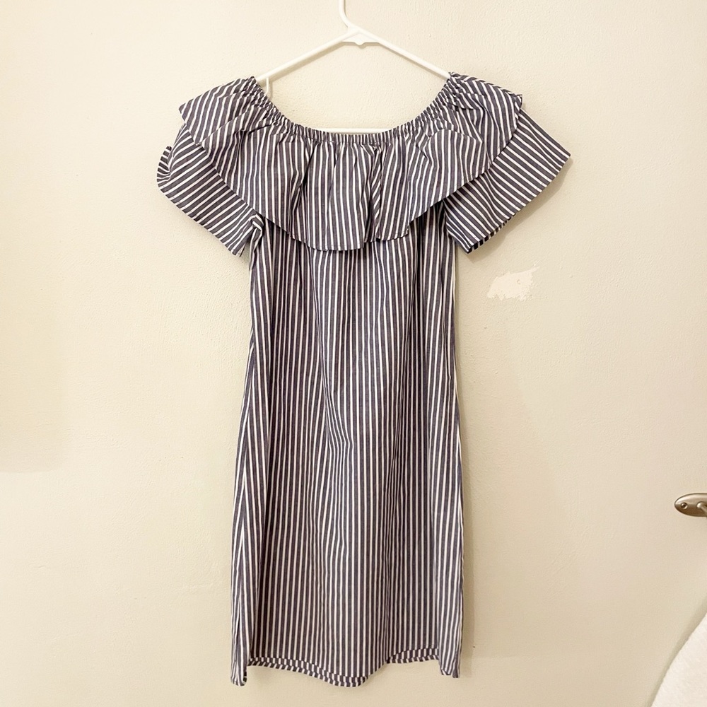 Potter's Pot Off‎ the Shoulder Navy Blue & White Striped Dress Size S (A118)
